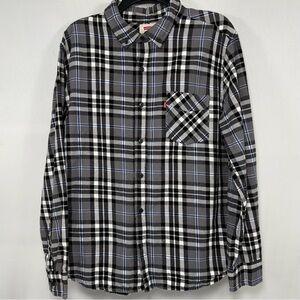 Flannel Plaid Button Down Shirt Levi's Grey Black Blue Cotton Long Sleeve Size L